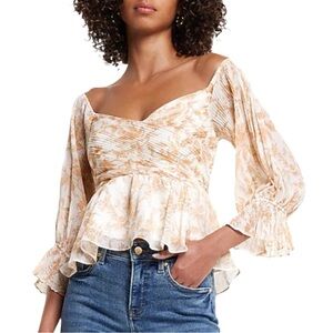 Express Cottagecore Floral Puff Sleeve Cream Peplum Blouse Romantic Coquette Top